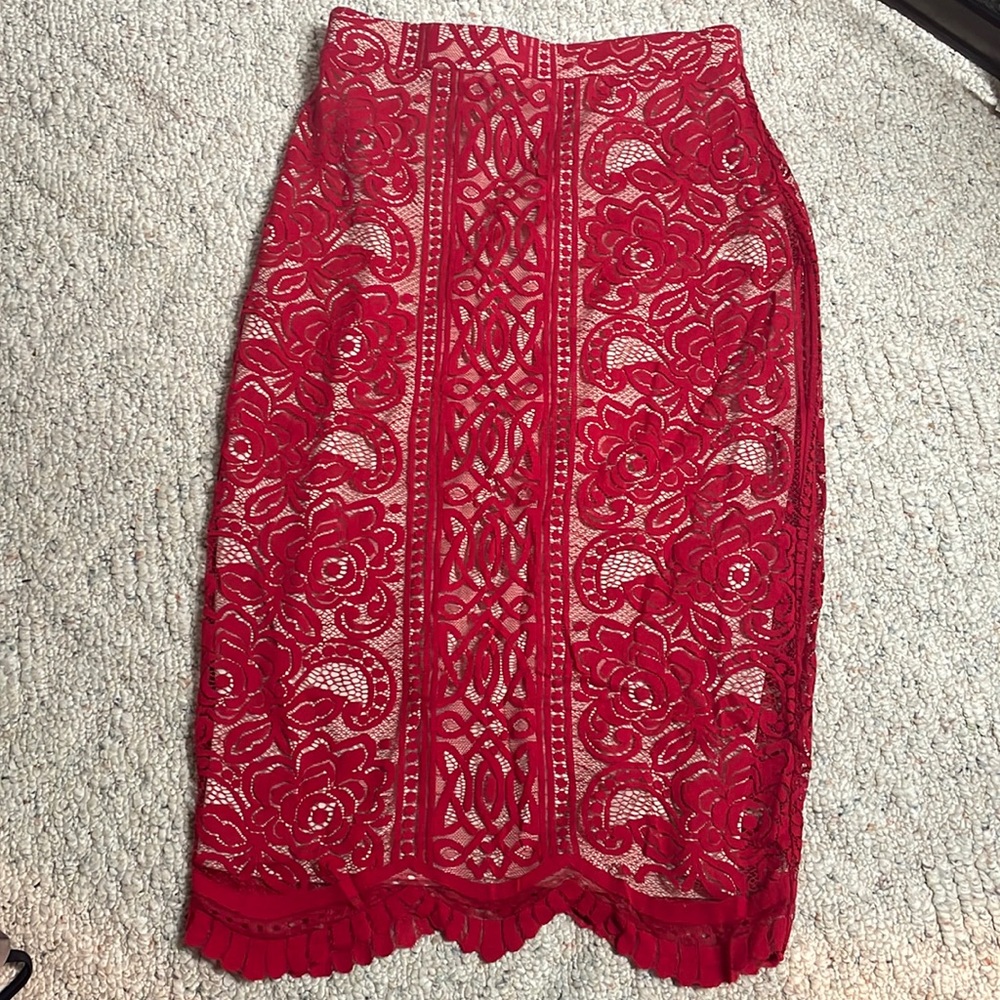 love, FIRE xs red lace overlay nude pencil skirt